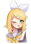  1girl artist_request bangs blonde_hair bow green_eyes hair_bow hair_ornament hairclip highres kagamine_rin looking_at_viewer medium_hair one_eye_closed sleeveless solo swept_bangs tongue tongue_out vocaloid 