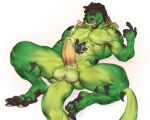  absurd_res anthro balls big_balls big_penis bodily_fluids claws cum cum_on_chest cum_on_self dreadlocks ejaculation erection gecko genital_fluids genitals green_body green_scales hi_res humanoid_genitalia humanoid_penis lizard long_tongue lying male on_back penis reptile scales scalie shepherdart simple_background solo tongue tongue_out white_background 