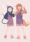  2boys :3 :d :p animal_ears animal_hood badge bangs black_hoodie blush brown_hair brown_hoodie button_badge cat_ears cat_hood cat_tail cross-laced_footwear dog_ears dog_hood dog_tail drop_shadow flower full_body green_eyes hand_on_hip hand_up hands_up highres hood hood_up hoodie kuga_yuuma long_sleeves looking_at_viewer male_focus moimoiuo multiple_boys outline overalls pants pants_rolled_up paw_pose paw_print red_eyes red_flower satori_ken shoes short_hair single_strap smile socks standing striped striped_legwear tail tongue tongue_out twitter_username white_hair white_outline world_trigger 