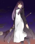  1girl arms_at_sides bangs black_coat black_footwear boots coat dress feet_out_of_frame fern_(sousou_no_frieren) floating half_updo highres holding holding_staff kagiana long_hair long_sleeves looking_at_viewer night night_sky parted_lips purple_eyes purple_hair sidelocks sky sousou_no_frieren staff star_(sky) straight_hair white_dress 