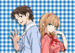  1boy 1girl azuma_kazuma azusagawa_tsukino back-to-back brown_hair commentary_request green_eyes hand_on_own_face hassystants headband long_hair looking_at_viewer plaid plaid_background shadow short_hair simple_background smile uniform yakitate!!_japan 