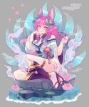  1girl absurdres ahri_(league_of_legends) animal_ears artist_name bangs bare_shoulders blue_eyes breasts cleavage diorama dress facial_mark fingernails flower fox_ears fox_tail gradient_hair grin hand_on_own_chin highres isosceless knees_up korean_clothes kumiho league_of_legends lily_pad long_fingernails long_hair long_sleeves lotus multicolored_hair multiple_tails ojou-sama_pose petals sandals short_dress sitting sitting_on_rock smile smoke solo tail thighhighs thighs traditional_clothes vastaya water whisker_markings wide_sleeves zettai_ryouiki 
