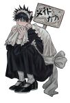  1boy animal_ears ankle_socks apron bangs black_dress black_footwear black_hair blush bow cat_ears covering_mouth crossdressing dress frilled_apron frills full_body fushiguro_megumi fushirun_rung green_eyes hair_between_eyes hair_ornament highres holding holding_sign jujutsu_kaisen long_sleeves looking_at_viewer maid maid_apron maid_headdress male_focus mary_janes placard shoes short_hair sign socks solo spiked_hair squatting sweatdrop white_background white_bow white_legwear 