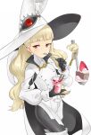  1girl bangs black_gloves blonde_hair blunt_bangs cake cup earrings eitri_(fire_emblem) eyebrows_visible_through_hair fire_emblem fire_emblem_heroes food fruit gloves hat highres holding holding_cup holding_spoon igni_tion jewelry long_hair long_sleeves looking_at_viewer parfait prehensile_hair puffy_sleeves purple_eyes smile solo spoon strawberry tri_tails utensil_in_mouth white_background white_headwear witch_hat 