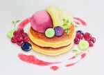  berry clover commentary_request food food_focus highres ice_cream kiwi_slice laia_alkaloid no_humans original pancake pancake_stack simple_background strawberry_syrup sweets traditional_media white_background 