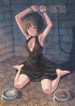  1girl alternate_costume amagami armpits arms_up bangs barefoot black_dress black_hair botan_m bound bound_wrists bowl breasts brick_wall brown_eyes chain chain_leash cleavage collar commentary commission cuffs dress full_body furrowed_brow halterneck handcuffs highres leash looking_at_viewer nanasaki_ai on_ground paid_reward_available parted_lips pet_bowl pet_food plunging_neckline restrained shadow short_hair sitting sleeveless sleeveless_dress solo stone_floor wariza 