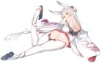  1girl animal_ears ass backless_outfit full_body hair_ornament highres kawata_hisashi long_hair long_sleeves looking_at_viewer looking_back non-web_source official_art panties photoshop_(medium) pom_pom_(clothes) rabbit_ears rabbit_tail sandals solo tail thighhighs transparent_background underwear utawarerumono utawarerumono:_lost_flag white_hair white_legwear white_panties wide_sleeves yellow_eyes 