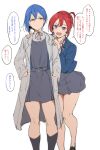  2girls alp bangs bare_legs black_legwear blue_eyes blue_hair blue_jacket brown_footwear coat dress eyebrows_visible_through_hair grey_coat grey_dress hair_between_eyes hair_bun hands_on_another&#039;s_shoulders highres jacket long_sleeves love_live! love_live!_superstar!! multiple_girls neck_ribbon open_clothes open_jacket open_mouth red_eyes red_hair red_ribbon ribbon school_uniform shirt shoes short_hair socks speech_bubble wakana_shiki white_background white_shirt yoneme_mei yuigaoka_school_uniform 