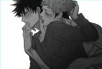  2boys bangs blush closed_eyes collarbone commentary_request drooling facial_mark finger_in_another&#039;s_mouth finger_sucking fushiguro_megumi fushirun_rung hand_under_clothes hand_under_shirt highres itadori_yuuji jujutsu_kaisen licking licking_neck long_sleeves looking_at_another male_focus monochrome multiple_boys muscular muscular_male saliva shirt short_hair spiked_hair sweatdrop tears tongue tongue_out topless_male undercut upper_body yaoi 