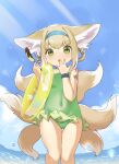  1girl :o animal_ear_fluff animal_ears arknights bare_arms bare_shoulders blue_hairband blue_sky blush braid brown_hair casual_one-piece_swimsuit chocolate_banana cloud collarbone commentary_request covered_navel day feet_out_of_frame food fox_ears fox_girl fox_tail frilled_swimsuit frills green_eyes green_swimsuit hair_rings hairband hand_to_own_mouth hands_up highres holding holding_food horizon innertube kitsune looking_at_viewer ocean one-piece_swimsuit outdoors parted_lips sakurami_sumi sidelocks sky solo standing suzuran_(arknights) swimsuit tail twin_braids water 