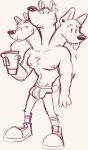  3_heads briefs bulge canid cerberus clothing container cup drinking european_mythology footwear goronic greek_mythology male mammal monochrome multi_head muscular muscular_male mythology nipples open_mouth shoes simple_background sketch sneakers solo teeth_showing tongue tongue_out underwear white_background 