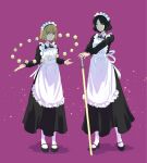  2girls alternate_costume apron arm_up bangs black_dress black_footwear black_hair blonde_hair blue_eyes blunt_bangs bob_cut breasts collared_dress cube dress enmaided floating floating_object frilled_apron frills full_body hands_on_hilt high_heels highres holding kumagai_yuuko long_sleeves looking_at_viewer maid maid_apron maid_headdress multiple_girls nasu_rei neck_ribbon outstretched_arms pantyhose parted_bangs planted planted_sword purple_background purple_ribbon ribbon seto_taichi short_hair simple_background smile standing sword v_arms weapon white_apron white_legwear world_trigger 