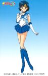  1990s_(style) 1girl bishoujo_senshi_sailor_moon blue_background blue_choker blue_eyes blue_footwear blue_hair blue_sailor_collar blue_skirt blue_theme boots choker copyright elbow_gloves full_body gloves gradient gradient_background inner_senshi knee_boots leotard logo looking_at_viewer magical_girl miniskirt mizuno_ami non-web_source official_art pleated_skirt retro_artstyle sailor_collar sailor_mercury sailor_senshi sailor_senshi_uniform scan short_hair skirt smile solo tiara 