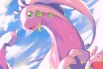  blurry chromatic_aberration cloud commentary_request day goodra goomy green_eyes highres no_humans open_mouth outdoors pokemon pokemon_(creature) shiny sky slime_(substance) tako2_eaka tongue 