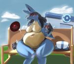  anthro belly bench big_belly big_breasts big_hands blush bodily_fluids breasts digital_media_(artwork) doncogneetoe emanata featureless_breasts female female_pred holding_object internal lucario navel nintendo object_in_stomach object_vore oral_vore organs outside pok&eacute;ball pok&eacute;mon pok&eacute;mon_(species) pok&eacute;mon_center rumbling_stomach solo stomach sweat video_games vore 
