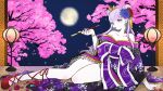  breasts cleavage earrings hair_dye hair_flowing_over hair_ornament japanese_clothes jewelry kimono looking_at_viewer maria_(garnidelia) mini_(minimilk) moon night night_sky petals pipe purple_eyes purple_hair real_life red_footwear sky song_request sparkle star_(symbol) 