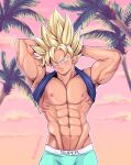  1boy abs absurdres aqua_male_underwear arms_behind_head bangs bara biceps blonde_hair blue_shirt boxer_briefs closed_mouth clothes_lift cloud day dragon_ball dragon_ball_z green_eyes highres large_pectorals male_focus male_underwear muscular muscular_male navel nipples outdoors pectorals saiyan shirt shirt_behind_neck shirt_lift sky smile solo son_goku spiked_hair super_saiyan super_saiyan_1 twitter_username underwear whirlydoodle 