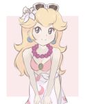  alternate_costume bangs bikini blonde_hair blue_gemstone breasts chocomiru cleavage eyewear_on_head flower gem hair_flower hair_ornament lei long_hair looking_at_viewer looking_to_the_side mario_(series) medium_breasts pink_bikini princess_peach sketch sunglasses super_mario_odyssey swimsuit unfinished 