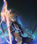  1girl alzi_xiaomi arm_up bangle blue_dress bracelet breasts byleth_(fire_emblem) byleth_(fire_emblem)_(female) center_opening chain chinese_commentary cleavage cowboy_shot dress enlightened_byleth_(female) fire_emblem fire_emblem:_three_houses glowing glowing_sword glowing_weapon green_eyes green_hair hair_between_eyes highres holding holding_sword holding_weapon jewelry large_breasts lips long_hair looking_at_viewer official_alternate_costume parted_lips signature sleeveless sleeveless_dress solo sword sword_of_the_creator tiara weapon 