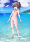  :d absurdres bangs beach blush breasts brown_hair cat_hair_ornament completely_nude day hair_ornament hair_ribbon highres hololive horizon lens_flare looking_at_viewer natsuiro_matsuri nipples nude ontake2009 outdoors pussy ribbon small_breasts smile standing virtual_youtuber wading water 