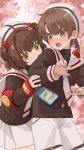  1boy 1girl asamayuki_ra biting blush brown_eyes brown_hair cardcaptor_sakura cellphone child eyebrows_visible_through_hair falling falling_phone green_eyes highres kinomoto_sakura li_xiaolang phone school_uniform skirt tomoeda_elementary_school_uniform white_headwear white_skirt 