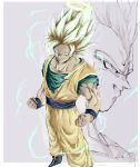  1boy blonde_hair boots clenched_hands commentary_request dougi dragon_ball dragon_ball_z energy fantasy halo highres long_hair majin_vegeta male_focus muscular ramin0406 saiyan simple_background smile solo son_goku spiked_hair standing super_saiyan super_saiyan_2 vegeta white_background 