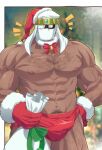  1boy abs bag bara bell biceps bida blurry blurry_background chest_hair christmas collar covered_face dark-skinned_male dark_skin gloves grabbing hairy hand_on_hip hat headband highres large_pectorals leg_hair male_focus male_underwear mask mature_male muscular muscular_male navel navel_hair neck_bell nipples one_eye_covered original pectorals santa_hat solo surprised thick_arms underwear veins 