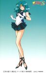  1990s_(style) 1girl aqua_background aqua_eyes aqua_footwear aqua_hair aqua_sailor_collar aqua_skirt aqua_theme bishoujo_senshi_sailor_moon copyright full_body gloves gradient gradient_background high_heels kaiou_michiru leotard logo looking_at_viewer magical_girl medium_hair miniskirt non-web_source official_art outer_senshi pleated_skirt retro_artstyle sailor_neptune sailor_senshi sailor_senshi_uniform scan skirt solo standing tiara wavy_hair 