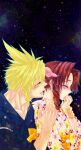  1boy 1girl 39cva aerith_gainsborough alternate_costume bangs blonde_hair blush brown_hair closed_eyes cloud_strife covering_mouth final_fantasy final_fantasy_vii floral_print hair_ribbon hand_on_another&#039;s_shoulder hand_over_own_mouth highres holding_another&#039;s_wrist hug hug_from_behind japanese_clothes lower_teeth night night_sky open_mouth parted_bangs ribbon sidelocks sky spiked_hair teeth upper_body 