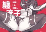  1girl arm_support blue_eyes breasts cameltoe commentary_request copyright_name kill_la_kill leaning_back looking_at_viewer matoi_ryuuko medium_breasts multiple_monochrome red_background revealing_clothes senketsu simple_background sketch solo spread_legs squatting suspenders sweatdrop takatsuki_ichi thighhighs thong underboob 