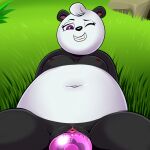  2016 anthro bodily_fluids breasts fangs female genital_fluids genitals giant_panda grass improvised_sex_toy jam_city lonbluewolf mammal navel nipples one_eye_closed panda_mom panda_pop plant purple_eyes pussy pussy_juice smile solo ursid 