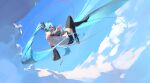  1girl 39 aqua_eyes aqua_hair bare_shoulders blue_sky boots cloud dutch_angle flying from_behind from_side hatsune_miku highres long_hair looking_at_viewer peaceablecolt shoulder_tattoo sky smile solo tattoo thigh_boots thighhighs thighs twintails very_long_hair vocaloid wide_sleeves zettai_ryouiki 