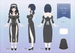  1girl ^_^ absurdres amano_nene_(vtuber) bandaged_arm bandages black_dress black_footwear black_hair blue_eyes blush breasts character_name character_sheet cleavage closed_eyes commentary_request detached_sleeves dress english_commentary eyebrows_visible_through_hair full_body habit halo high_heels highres juliet_sleeves long_sleeves medium_hair multiple_views nun official_art open_mouth production_kawaii puffy_sleeves smile virtual_youtuber yukiunag1 