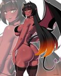  1girl absurdres artist_name ass back bangs bikini black_bikini black_hair black_legwear black_nails blunt_bangs breasts colored_skin curvy danfer3 demon demon_girl demon_horns demon_tail demon_wings eyebrows_visible_through_hair gradient_hair highres horns large_breasts long_hair looking_at_viewer looking_back lucia_(danfer3) micro_bikini multicolored_hair orange_hair original parted_lips pointy_ears red_skin simple_background skindentation solo strap_gap swimsuit tail thighhighs thong very_long_hair white_background wings yellow_eyes zoom_layer 