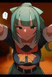  ... 1girl ajifry39 bangs blunt_bangs blurry blurry_background breasts collarbone eyebrows_visible_through_hair green_eyes green_hair green_skirt highres kantai_collection long_hair looking_at_viewer midriff navel neckerchief orange_neckerchief ponytail pout sailor_collar school_uniform shirt short_sleeves skirt solo yuubari_(kancolle) 