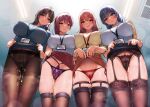  4girls ahoge badge black_garter_belt black_legwear black_skirt blue_eyes blue_shirt blush breasts brown_hair brown_legwear cameltoe cardigan clothes_lift collarbone collared_shirt commentary_request covered_nipples cowboy_shot crotchless crotchless_panties cum cum_on_clothes cum_on_legs eyebrows_visible_through_hair female_pubic_hair from_below garter_belt highres impossible_clothes lace lace_legwear lace_panties large_breasts lifted_by_self lingerie long_hair long_sleeves looking_at_viewer mature_female midriff midriff_peek multiple_girls name_tag naughty_face office_lady ogre_(illustogre) orange_skirt original panties panties_under_pantyhose pantyhose parted_lips pencil_skirt ponytail pubic_hair purple_panties red_panties red_skirt see-through shirt side-tie_panties skindentation skirt skirt_lift sleeveless sleeveless_shirt smile stained_panties striped sweat take_your_pick thighband_pantyhose thighhighs underwear vertical_stripes white_shirt yellow_shirt 
