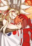  2girls ahoge animal_ear_fluff animal_ears bangs bare_shoulders blonde_hair blush breasts cleavage closed_eyes detached_collar dress extra_ears fangs fate/grand_order fate_(series) fox_ears fox_girl fox_tail fujimaru_ritsuka_(female) fujimaru_ritsuka_(female)_(decisive_battle_chaldea_uniform) fur_collar hair_between_eyes headpiece hug japanese_clothes kimono koyanskaya_(fate) koyanskaya_(lostbelt_beast:iv)_(fate) large_breasts long_hair long_sleeves medium_breasts multiple_girls off_shoulder open_mouth orange_hair rkp short_hair sidelocks smile tail tamamo_(fate) very_long_hair white_dress white_kimono wide_sleeves 