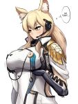  1girl animal_ear_fluff animal_ears arknights armor bangs black_gloves blonde_hair blush breast_conscious breast_lift breasts character_name clothes_writing commentary dress eyebrows_visible_through_hair gloves headset highres large_breasts long_hair nearl_(arknights) nearl_the_radiant_knight_(arknights) shoulder_armor simple_background solo thought_bubble tofudofu upper_body vambraces white_background white_dress yellow_eyes 