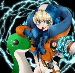  1girl :3 animification apex_legends black_background blonde_hair blue_bodysuit blue_eyes blue_gloves blue_headwear bodysuit cable eyebrows_visible_through_hair finger_to_mouth gloves highres hood hooded_jacket jacket lightning_bolt_symbol looking_at_viewer masamune_(msmn27) nessie_(respawn) open_mouth orange_jacket ribbed_bodysuit shushing smile solo stuffed_toy wattson_(apex_legends) white_bodysuit 