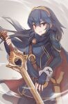  1girl belt blue_eyes blue_gloves cape dark_blue_hair falchion_(fire_emblem) fingerless_gloves fire_emblem gloves haiyun highres holding holding_sword holding_weapon long_hair looking_at_viewer lucina_(fire_emblem) mixed-language_commentary parted_lips solo super_smash_bros. sword tiara weapon 