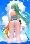  1girl absurdres arrow_(projectile) artist_name ass back bikini blue_bikini blue_sky blush bow_(weapon) closed_mouth cloud commentary day fire_emblem fire_emblem:_the_blazing_blade fire_emblem_heroes floating_hair flower frilled_bikini frills from_behind from_below green_eyes green_hair hair_flower hair_ornament highres holding holding_arrow holding_bow_(weapon) holding_weapon jebi long_hair looking_at_viewer looking_back looking_down lyn_(fire_emblem) official_alternate_costume outdoors ponytail rope_belt sky smile solo sunlight swimsuit water weapon 