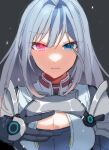  armor blue_eyes breast_tattoo breasts cleavage cleavage_cutout clothing_cutout ethel_(xenoblade) eyebrows_visible_through_hair heterochromia large_breasts long_hair mugimugis red_eyes shoulder_armor silver_hair solo tattoo very_long_hair xenoblade_chronicles_(series) xenoblade_chronicles_3 