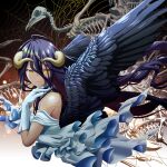  1girl albedo_(overlord) black_hair black_wings highres horns k-ta long_hair overlord_(maruyama) skeleton solo wings yellow_eyes 