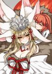  2girls ahoge animal_ear_fluff animal_ears bangs bare_shoulders blonde_hair blush breasts cleavage closed_eyes detached_collar dress extra_ears fate/grand_order fate_(series) fox_ears fox_girl fox_tail fujimaru_ritsuka_(female) fujimaru_ritsuka_(female)_(decisive_battle_chaldea_uniform) fur_collar hair_between_eyes headpiece japanese_clothes kimono koyanskaya_(fate) koyanskaya_(lostbelt_beast:iv)_(fate) large_breasts long_hair long_sleeves looking_to_the_side medium_breasts multiple_girls off_shoulder orange_hair rkp rope short_hair sidelocks tail tamamo_(fate) very_long_hair white_dress white_kimono wide_sleeves yellow_eyes 