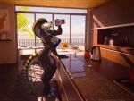  3d_background anthro bikini brown_body brown_scales claws clothing cobra female kitchen looking_at_viewer milk_carton muscular muscular_anthro muscular_female purple_claws reflection reptile scales scalie shandi snake spotty_the_cheetah standing swimwear 