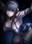  1girl bangs black_hair breasts commentary_request eyebrows_visible_through_hair gold_hairband highres large_breasts long_hair looking_at_viewer onigirikun red_eyes restrained rose_hair_ornament solo spy_x_family torn_clothes yor_briar 
