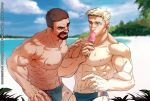  2boys abs bara beach beard black_hair blonde_hair blue_eyes blue_male_swimwear brown_eyes cloud day facial_hair fliegen80s food holding holding_food large_pectorals licking licking_lips looking_at_another male_focus male_swimwear multiple_boys muscular muscular_male navel nipples outdoors overwatch pectorals popsicle reaper_(overwatch) scar scar_on_arm scar_on_cheek scar_on_chest scar_on_face scar_on_hand scar_on_leg short_hair sky soldier:_76_(overwatch) swim_briefs tongue tongue_out 