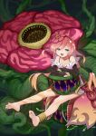  1girl bare_shoulders barefoot breasts duel_monster elbow_gloves flower frostcyco gloves hair_flower hair_ornament headband highres long_hair open_mouth pointy_ears predaplant_chimerafflesia rafflesia_(flower) red_hair traptrix_rafflesia very_long_hair yu-gi-oh! 