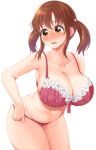  1girl :o armpits blush bra breasts brown_hair cleavage collarbone full-face_blush furrowed_brow highres idolmaster idolmaster_cinderella_girls lace-trimmed_bra lace_trim large_breasts leaning_forward looking_down mukae_gou navel panties red_bra red_panties simple_background solo totoki_airi twintails underwear underwear_only white_background 