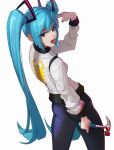  1girl absurdres ass black_eyes blood blood_on_clothes blood_on_hands blood_on_weapon blue_hair blue_legwear blue_pupils cowboy_shot denim eximmetry eyebrows_visible_through_hair finger_gun finger_gun_to_head hair_between_eyes hammer hatsune_miku highres holding holding_hammer jacket jeans lipstick long_hair looking_at_viewer looking_back lower_teeth makeup open_mouth pants red_lips simple_background solo standing teeth very_long_hair vocaloid weapon white_background white_jacket 